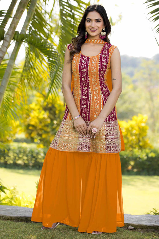 Yellow Sequin with Embroidered Georgette Sharara Suit Set