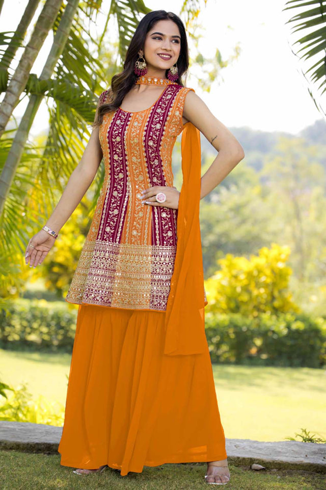 Yellow Sequin with Embroidered Georgette Sharara Suit Set