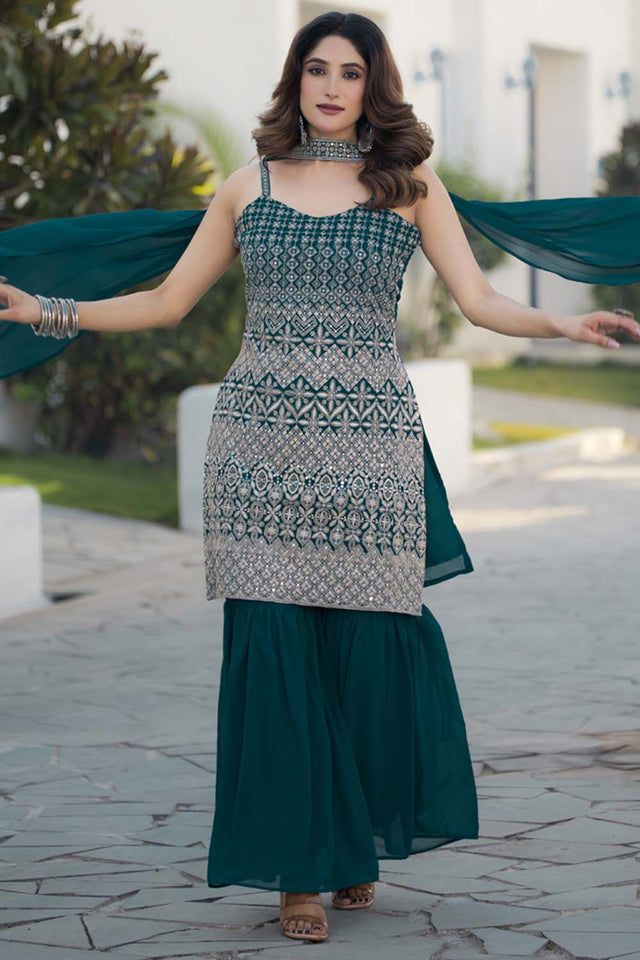 Green Sequin with Embroidered Georgette Sharara Suit Set