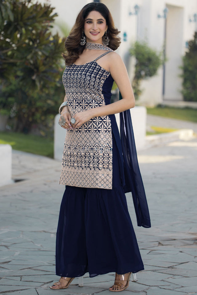 Blue Sequin with Embroidered Georgette Sharara Suit Set