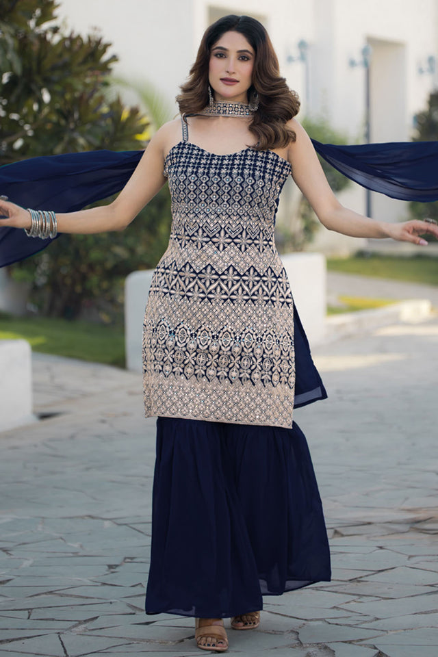 Blue Sequin with Embroidered Georgette Sharara Suit Set