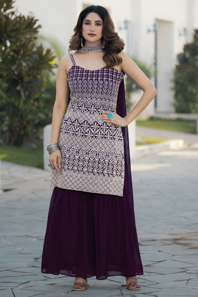 Violet Sequin with Embroidered Georgette Sharara Suit Set