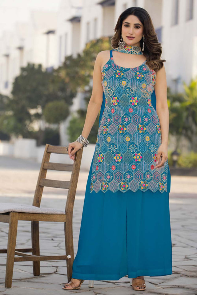 Turquoise Sequin with Embroidered Georgette Sharara Suit Set