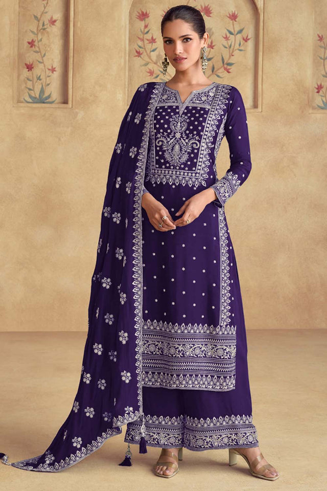 Violet Embroidered Georgette Palazzo Suit Set