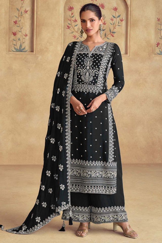 Black Embroidered Georgette Palazzo Suit Set