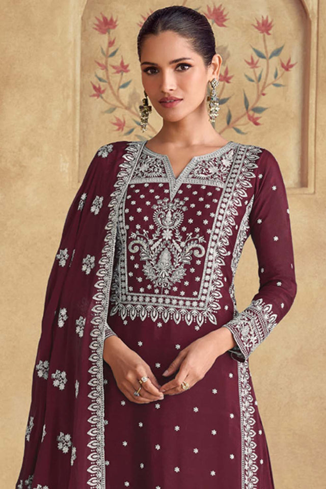 Red Embroidered Georgette Palazzo Suit Set