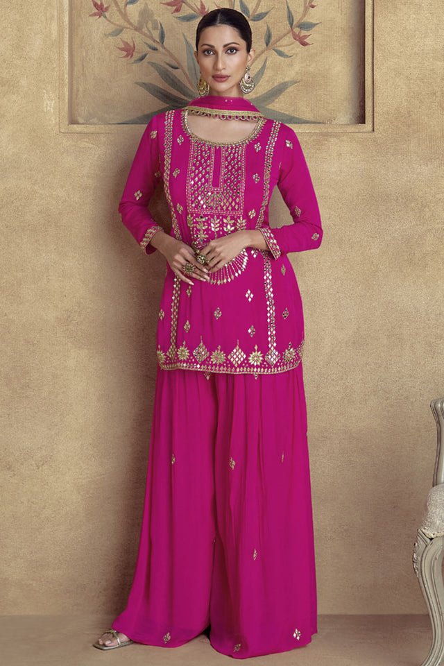 Pink Sequin with Embroidered Silk Sharara Suit Set