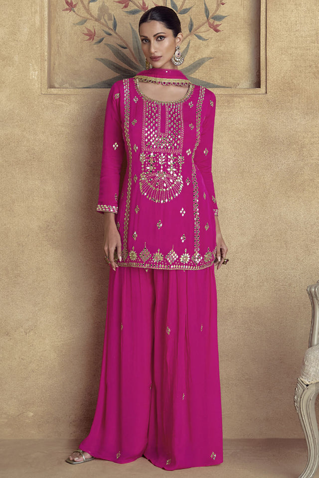 Pink Sequin with Embroidered Silk Sharara Suit Set