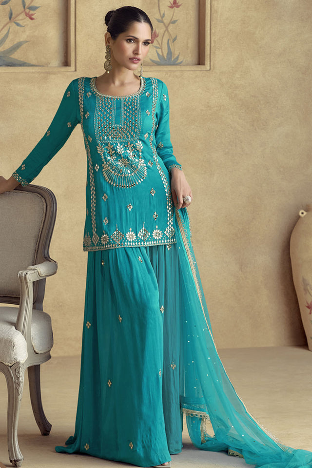 Sky Blue Sequin with Embroidered Silk Sharara Suit Set