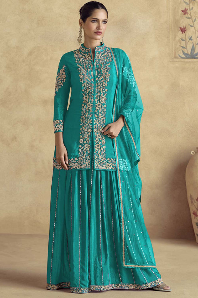 Blue Sequin with Embroidered Art Silk Sharara Suit Set
