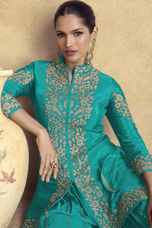 Blue Sequin with Embroidered Art Silk Sharara Suit Set