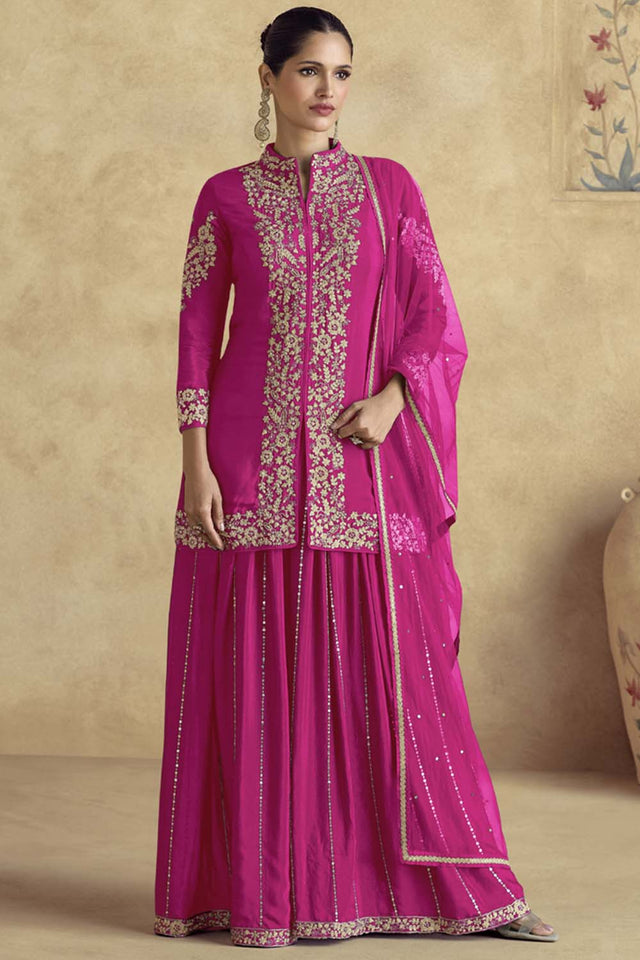Dark Pink Sequin with Embroidered Art Silk Sharara Suit Set