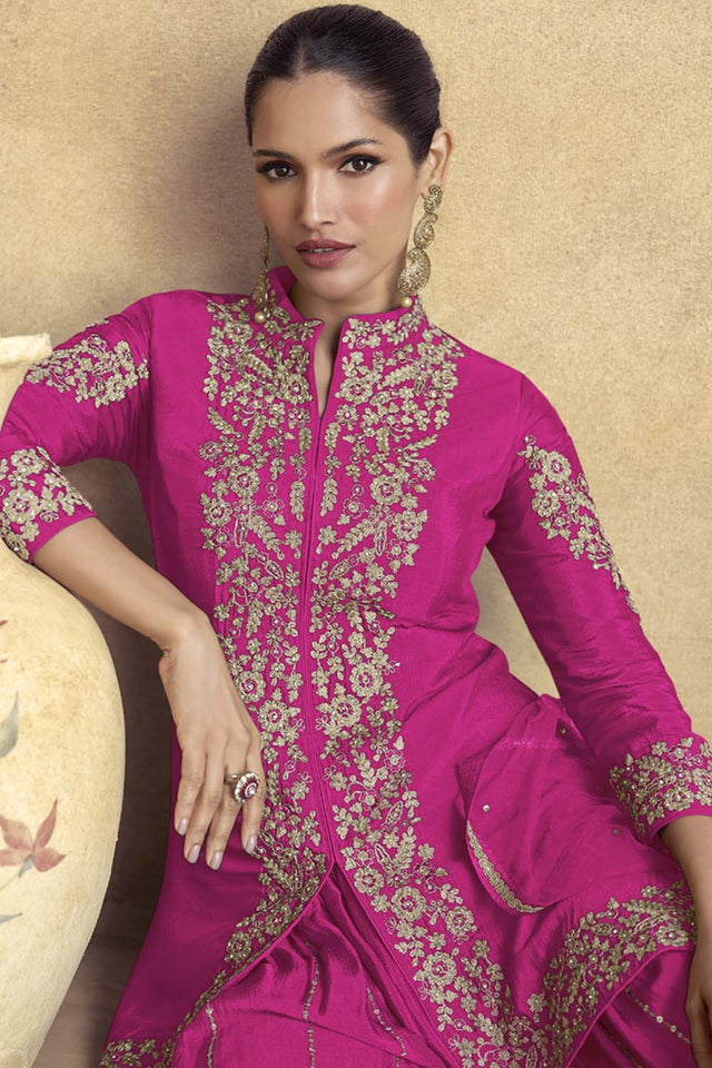 Dark Pink Sequin with Embroidered Art Silk Sharara Suit Set