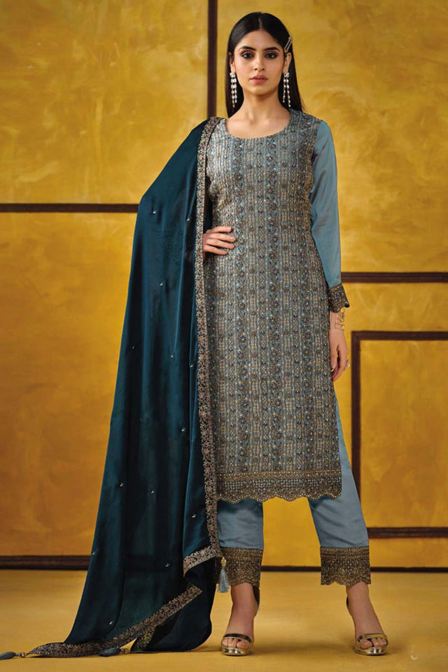 Sky Blue Silk Embroidered Round Neck Sharara Suit Set (vega alina-5422)