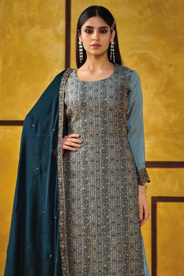 Sky Blue Silk Embroidered Round Neck Sharara Suit Set (vega alina-5422)