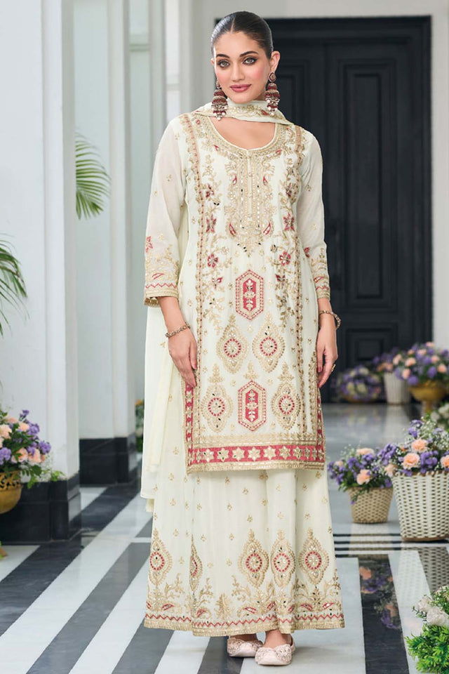 White Sequin with Embroidered Art Silk Pakistani Suit Set