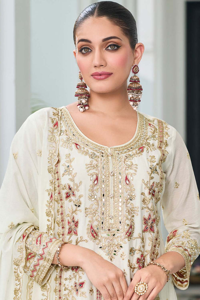White Sequin with Embroidered Art Silk Pakistani Suit Set