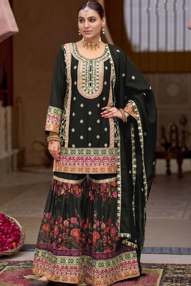 Black Embroidered Art Silk Sharara Suit Set (vega eba rang2-1841)