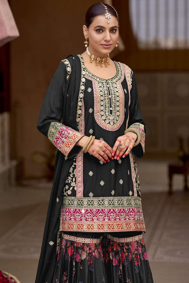 Black Embroidered Art Silk Sharara Suit Set (vega eba rang2-1841)