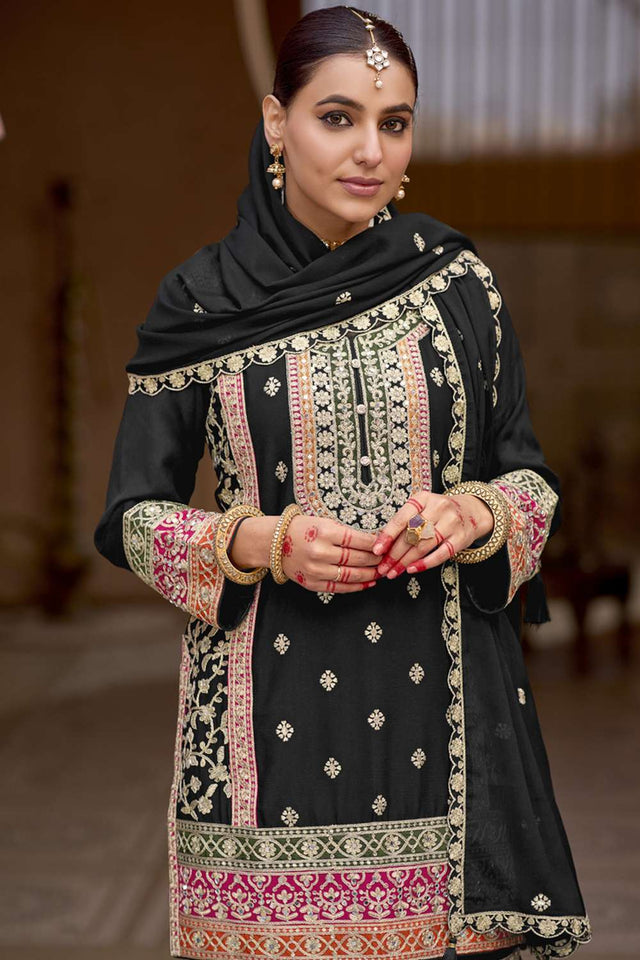 Black Embroidered Art Silk Sharara Suit Set (vega eba rang2-1841)