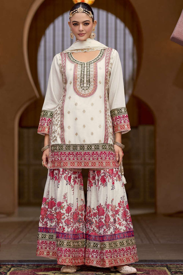 White Embroidered Art Silk Sharara Suit Set (vega eba rang2-1842)