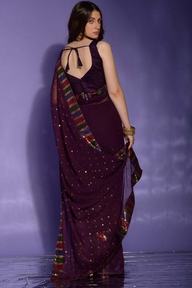 Wine Silk Embroidered Saree