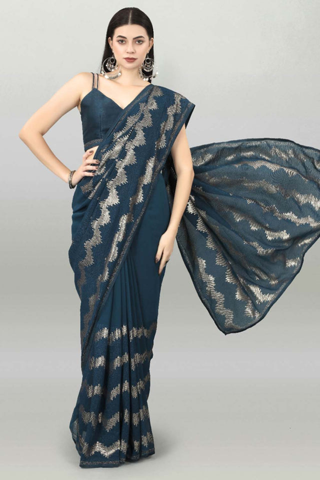 Blue Silk Embroidered Saree