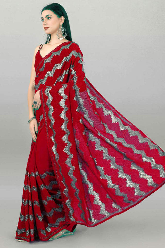 Red Silk Embroidered Saree