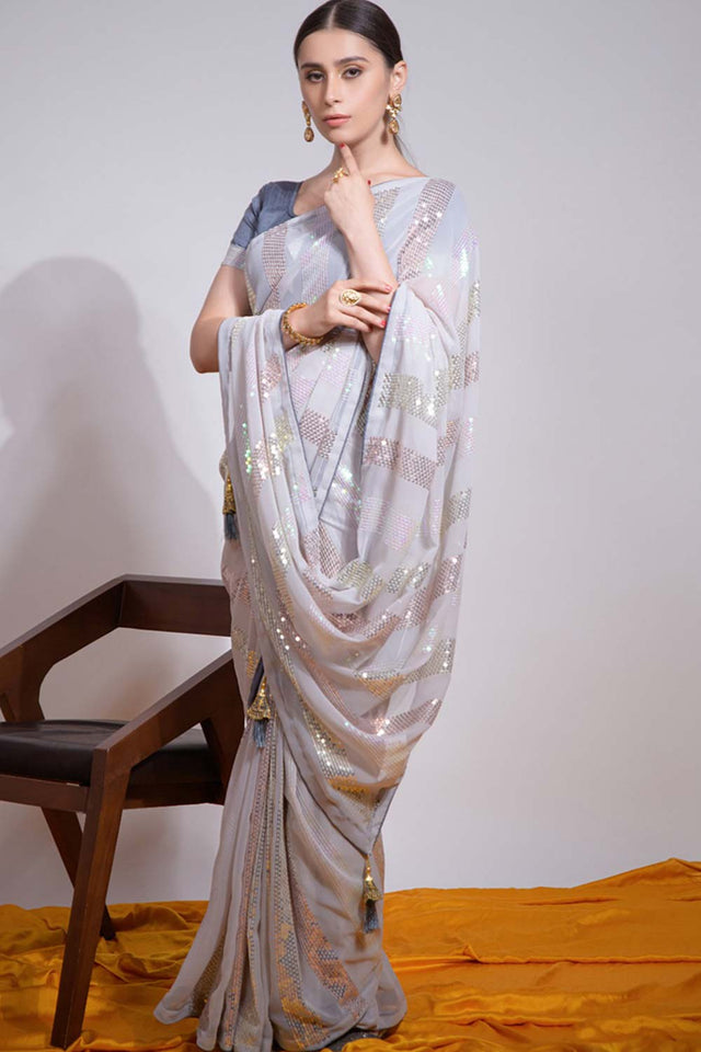 Off White Silk Embroidered Saree (vega f -7003-B)