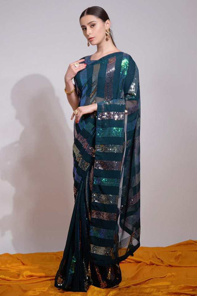 Teal Silk Embroidered Saree (vega f -7003-C)
