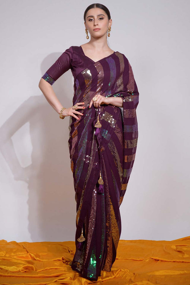 Wine Silk Embroidered Saree (vega f -7003-F)