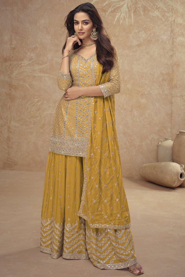 Mustard Sequin with Embroidered Silk Sharara Suit Set