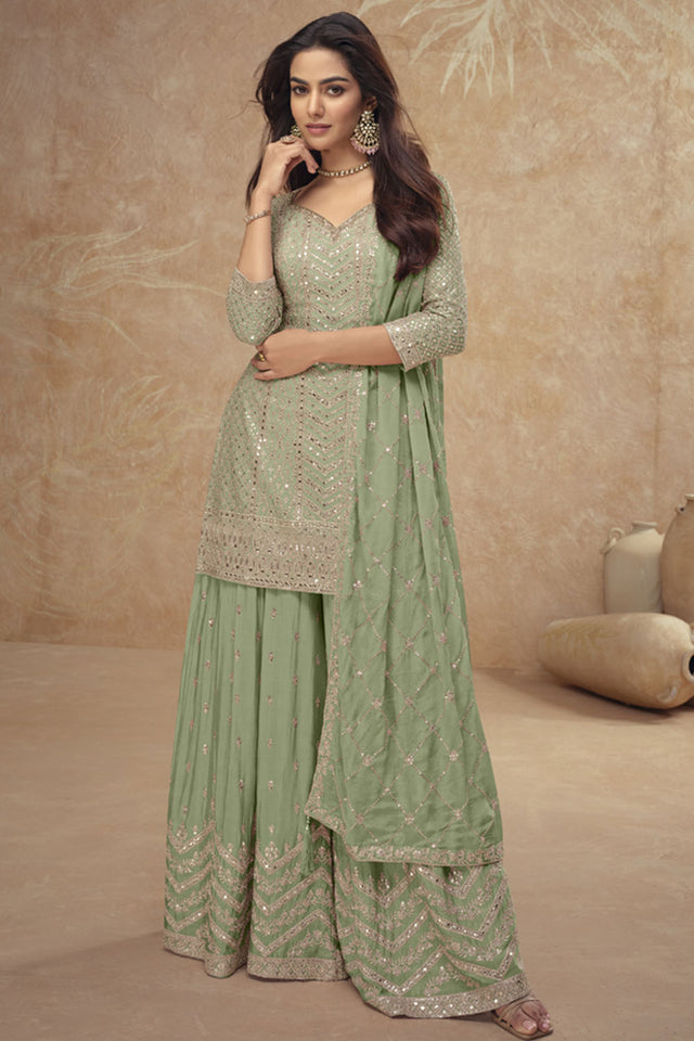 Light Green Sequin with Embroidered Silk Sharara Suit Set