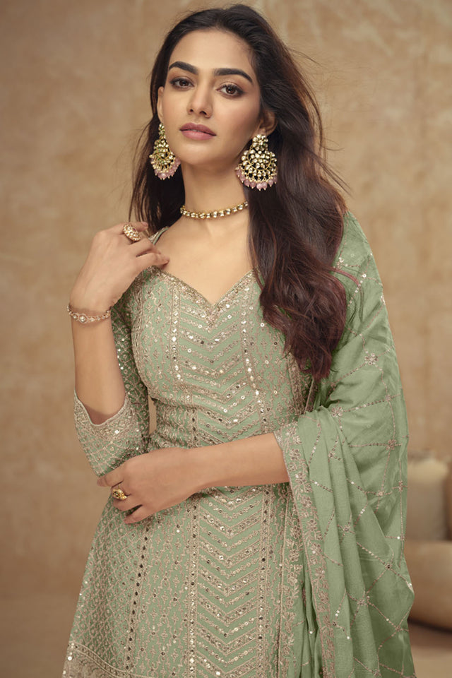 Light Green Sequin with Embroidered Silk Sharara Suit Set