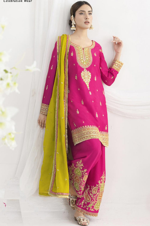 Pink Sequin with Floral Embroidered Art Silk Kurti Pant Set