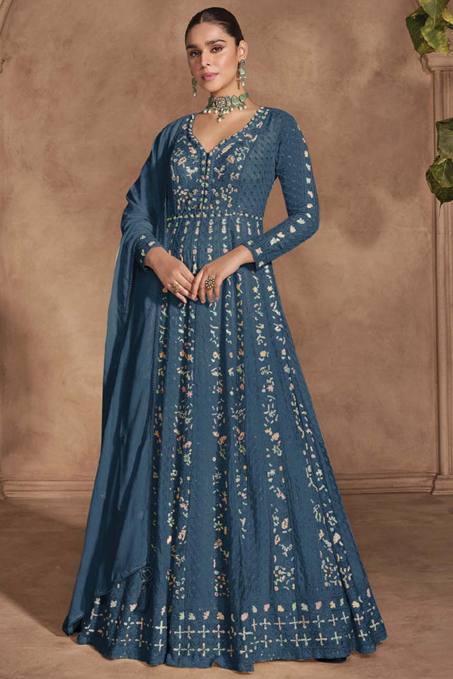 Blue Embroidered Silk Anarkali Suit Set (vega izhar-5678-b)