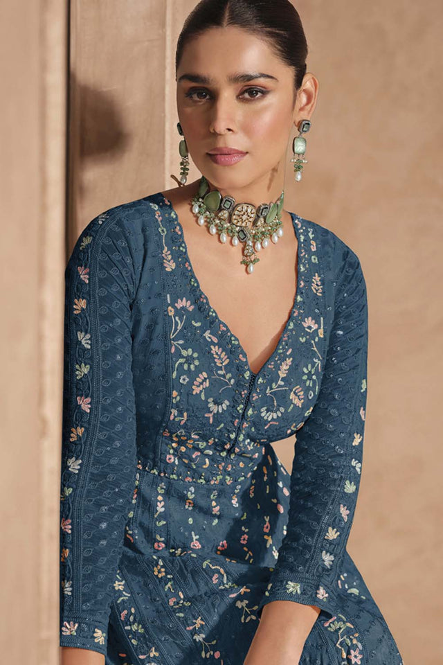 Blue Embroidered Silk Anarkali Suit Set (vega izhar-5678-b)