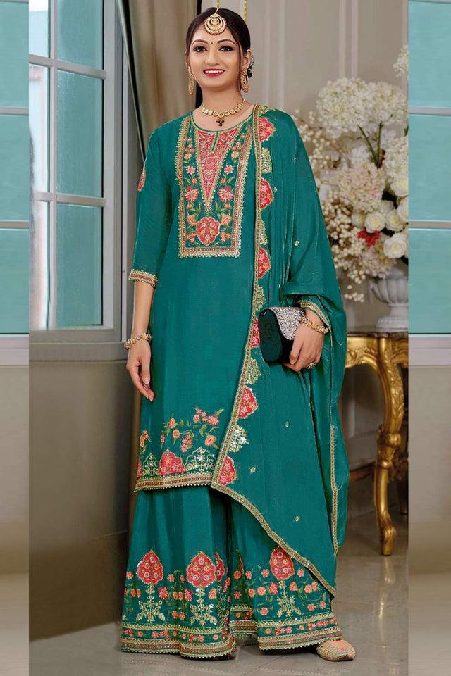 Green Floral Embroidered Art Silk Palazzo Suits (vega maaria-1188-a)