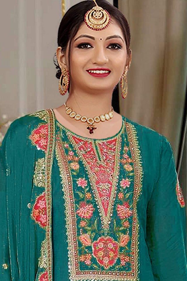 Green Floral Embroidered Art Silk Palazzo Suits (vega maaria-1188-a)