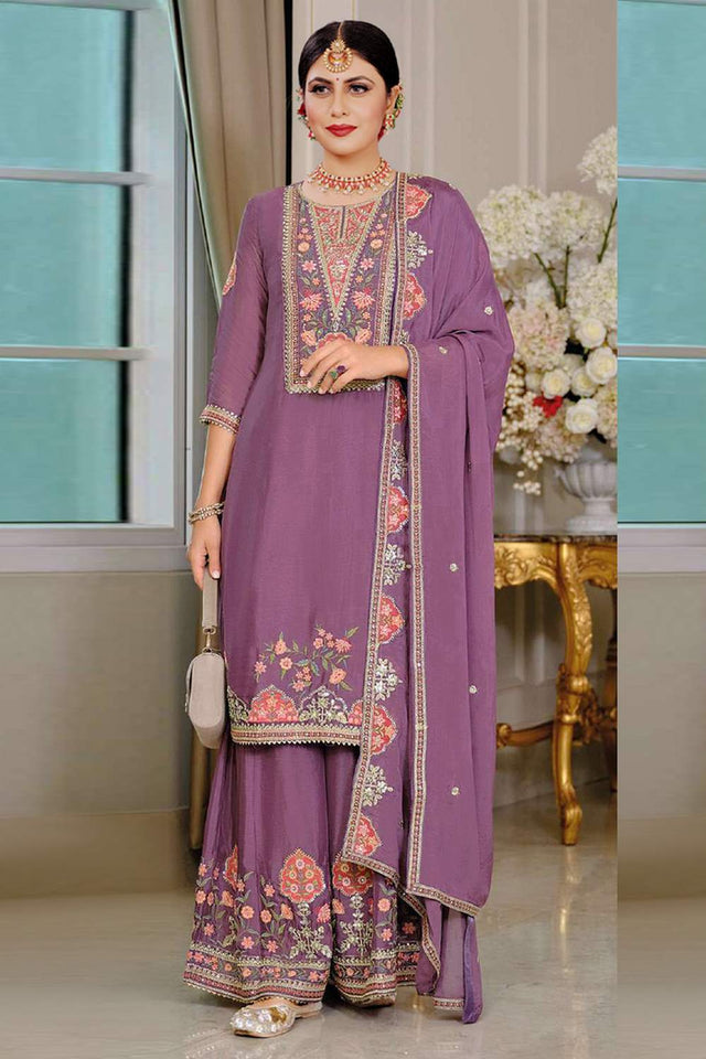 Pink Floral Embroidered Art Silk Palazzo Suits (vega maaria-1188-c)