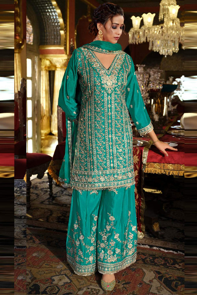 Turquoise Sequin with Floral Embroidered Art Silk Palazzo Suits (vega maaria-1191-a)