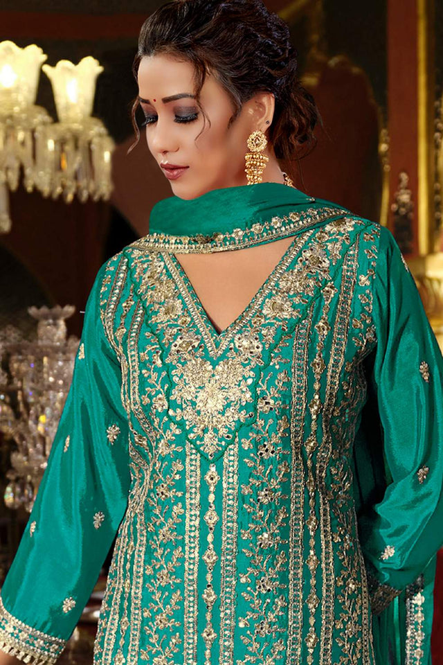 Turquoise Sequin with Floral Embroidered Art Silk Palazzo Suits (vega maaria-1191-a)