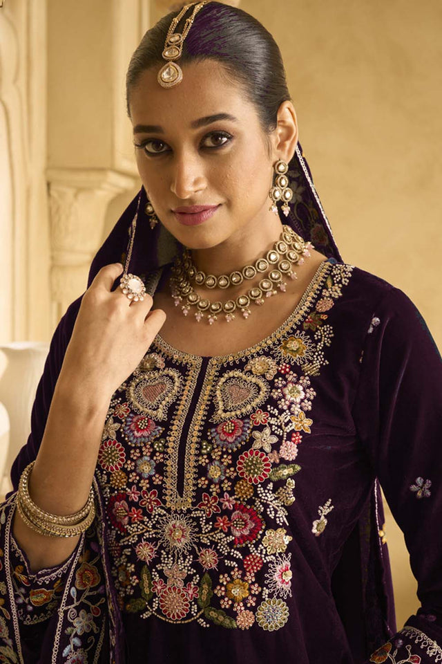 Wine Sequin with Embroidered Velvet Palazzo Suit Set