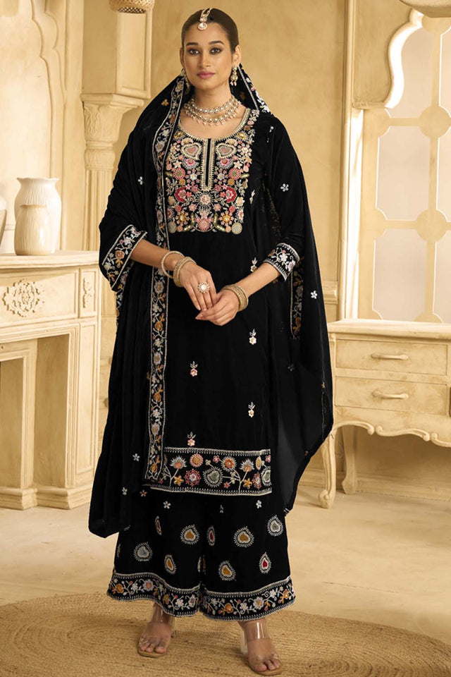 Black Sequin with Embroidered Velvet Palazzo Suit Set