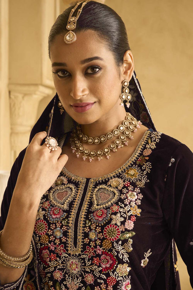 Brown Sequin with Embroidered Velvet Palazzo Suit Set