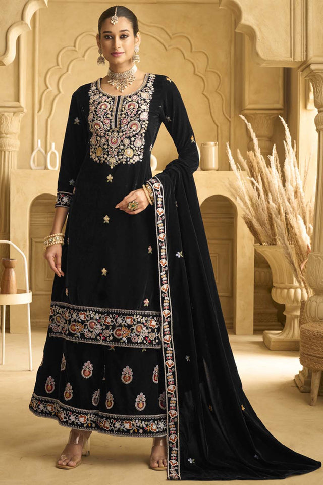 Black Sequin with Embroidered Velvet Palazzo Suit Set