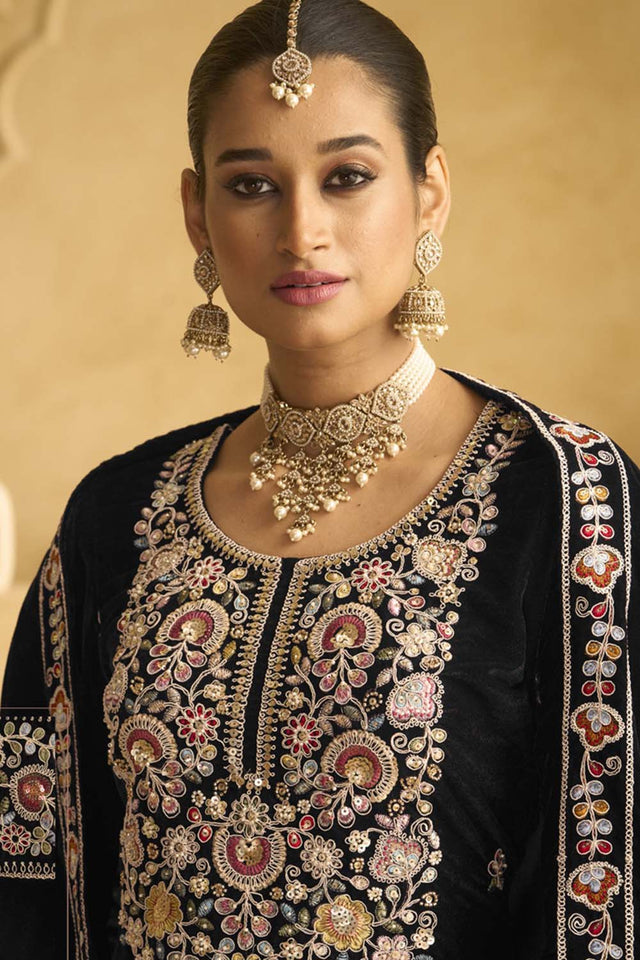 Black Sequin with Embroidered Velvet Palazzo Suit Set