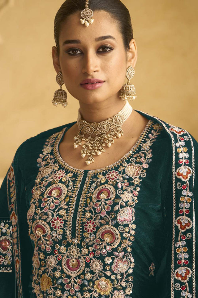 Green Sequin with Embroidered Velvet Palazzo Suit Set