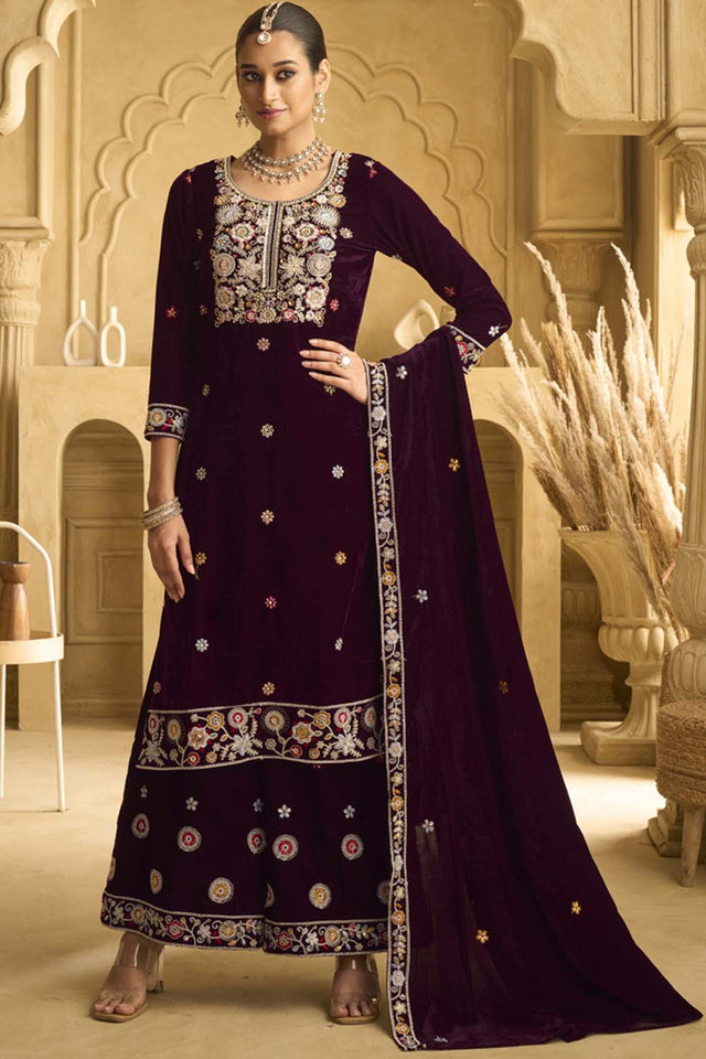 Wine Sequin with Embroidered Velvet Palazzo Suit Set