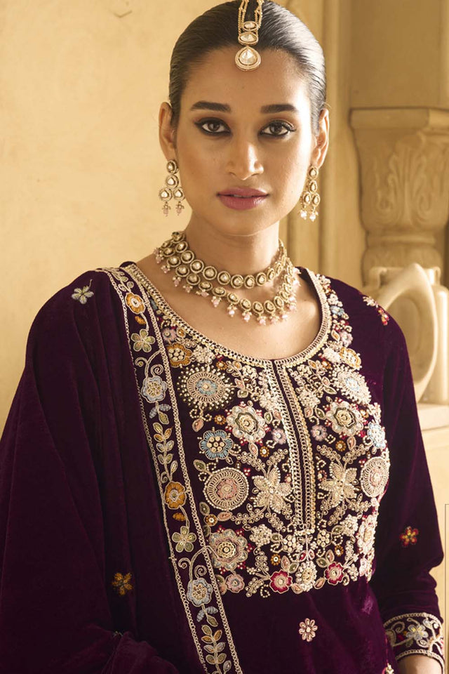 Wine Sequin with Embroidered Velvet Palazzo Suit Set